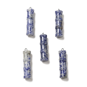 Natural Blue Spot Jasper Pendants, Bamboo Stick Charms, with Stainless Steel Color Tone 304 Stainless Steel Loops, 45x12.5mm, Hole: 2mm