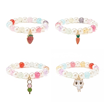 Candy Color Round Beaded Stretch Bracelet with Enamel Charm for Kid, Mixed Color, Inner Diameter: 1-5/8 inch(4.25cm)