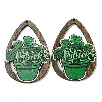 Saint Patrick's Day Single Face Printed Wood Big Pendants, Teardrop Charms with Clover, Green, 54x37.5x2.5mm, Hole: 1.5mm