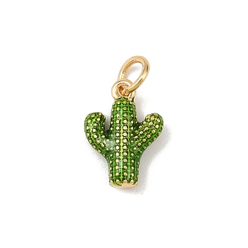 Brass Enamel Pendants, Cactus Charms, Cadmium Free & Lead Free, Rack Plating, Long-Lasting Plated, with Jump Ring, Lime Green, Real 18K Gold Plated, 12x9x3mm, Hole: 3mm