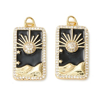 Rack Plating Brass Micro Pave Clear Cubic Zirconia Pendants, with Enamel, Cadmium Free & Nickel Free & Lead Free, Real 18K Gold Plated, Rectangle with Sun, Black, 27x14x3.5mm, Hole: 3.4mm