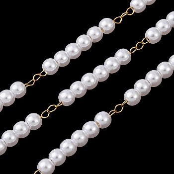 304 Stainless Steel & ABS Plastic Pearl Round Bead Cable Chains, Ion Plating(IP), Soldered, with Spool, Golden, 20.5x4mm
