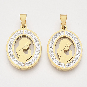 201 Stainless Steel Pendants, for Mothers' Day, with Random Size Snap On Bails and Polymer Clay Crystal Rhinestones, Oval with Mom, Golden, 25x18x2.5mm, Hole: 8~10x3~5mm