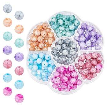 SUPERFINDINGS 175Pcs 7 Colors Opaque Baking Painted Crackle Glass Beads, Faceted, Round, Mixed Color, 8x7.5mm, Hole: 0.8mm, 25pcs/color