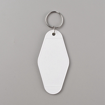 Plastic Blank Motel Keychain, Sublimation Key Chain, with Iron Key Rings, Rhombus, White, 11.5cm