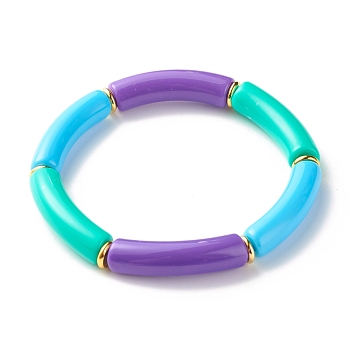 Candy Color Chunky Tube Beads Stretch Bracelet, Acrylic Beads Bracelet for Women, Golden, Dark Orchid, Inner Diameter: 2-1/8 inch(5.5cm)