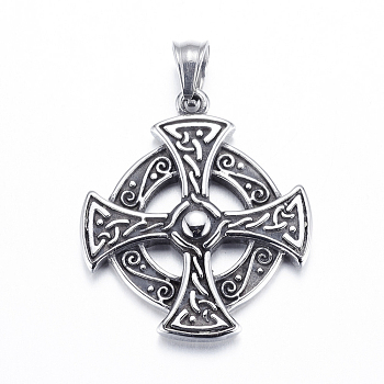 304 Stainless Steel Pendants, Flat Round with Cross, Antique Silver, 31x27x4mm, Hole: 5.5x6mm
