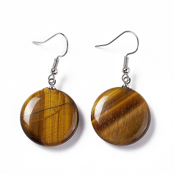 Natural Tiger Eye Flat Round Dangle Earrings, Platinum Brass Jewelry for Women, 42mm, Pin: 0.7mm