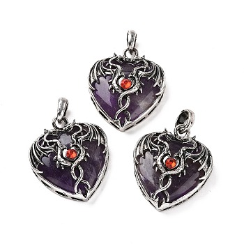 Natural Amethyst Pendants, Heart Charms, with Rack Plating Antique Silver Tone Hyacinth Rhinestone Dragon Wing Findings, 36.5~37.5x32~32.5x9.5~10.5mm, Hole: 8.5x5.5mm