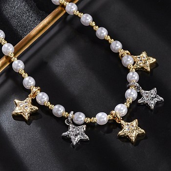 Brass Micro Pave Clear Cubic Zirconia Beaded Necklaces, with ABS Imitation Pearl Beads , Cadmium Free & Lead Free, Long-Lasting Plated, Rack Plating, Real 18K Gold Plated, 16.81 inch(42.7cm)