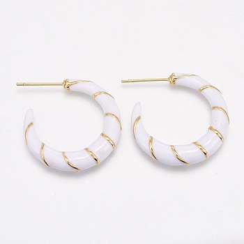 Brass Enamel Half Hoop Earrings, Stud Earrings, with Ear Nuts, Long-Lasting Plated, Moon, Real 18K Gold Plated, White, 23x5mm, Pin: 1mm