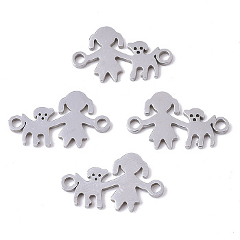 201 Stainless Steel Links connectors, Laser Cut Links, Girl with Dog, Stainless Steel Color, 10x16.5x1mm, Hole: 1.5mm