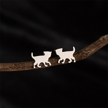 Stainless Steel Cat Shape Stud Earrings, Stainless Steel Color, 8x11mm