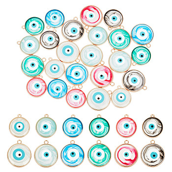 PandaHall Elite 24Pcs 12 Styles Transparent Evil Eye Resin Pendants, with Golden Tone Zinc Alloy Findings, Flat Round Charm, Mixed Color, 18~21x16~18x2.5mm, Hole: 1.2~1.8mm, 2pcs/style