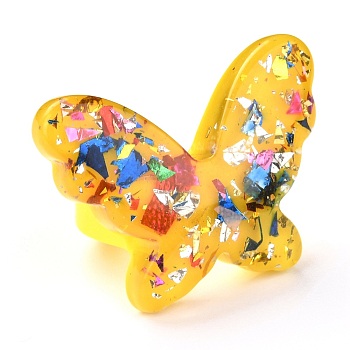 Acrylic Finger Rings, with Paillette, Butterfly, Yellow, 6.5~29.5mm, Inner Diameter: 18mm, butterfly: 29.5x38.5x6mm.