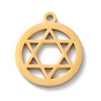 304 Stainless Steel Pendants, Laser Cut, Ring with Star of David Charm, Real 18K Gold Plated, 17.5x15x1mm, Hole: 1.5mm