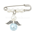 Iron Safety Pin Brooch, Alloy with ABS Plastic Pearl Brooches, Angel, Antique Silver, 37mm(JEWB-FS00003)