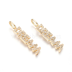 Brass Micro Pave Clear Cubic Zirconia Pendants, Inspirational Message Pendants, Word Dream, Golden, 34x6.5x2.5mm, Hole: 3.5x5.5mm(ZIRC-L085-57G)