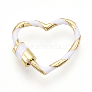 Brass Screw Carabiner Lock Charms, for Necklaces Making, with Enamel, Heart, Golden, White, 23x25x2.5~5mm(KK-S338-26E)