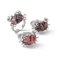 Natural Rhodochrosite Crab Open Cuff Ring, Platinum Brass Jewelry for Women, Cadmium Free & Lead Free, US Size 7 1/4(17.5mm)(RJEW-I090-01P-12)