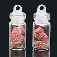 Handmade Polymer Clay Nail Art Decoration Accessories, with Glass Wishing Bottle and CCB Plastic Bottle Stopper, Strawberry, Salmon, 4~8x4~8x0.1~2mm, about bottle: 27.5x11mm, hole: 3mm(X-MRMJ-N032-27)