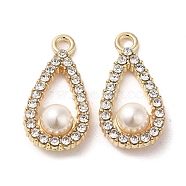 Alloy with Rhinestone Pendants, with ABS Imitation Pearl, Teardrop Charms, Golden, 25x12x6.5mm, Hole: 2.2mm(FIND-B032-11G)