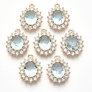 Transparent Faceted Glass Pendants, with Clear Rhinestone and Golden Tone Brass Open Back Settings, Oval, Pale Turquoise, 20x15x6mm, Hole: 1.4mm(GLAA-R212-15E)