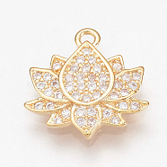 Brass Micro Pave Cubic Zirconia Charms, Lotus, Nickel Free, Real 18K Gold Plated, Clear, 13x13x2mm, Hole: 1mm(ZIRC-Q002-108G)