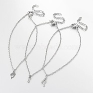 Tarnish Resistant Mixed Shape Stainless Steel Pendant Anklets, with Lobster Clasps and End Chains, Stainless Steel Color, 230x2mm(AJEW-AN00104)