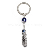 Alloy Keychains, with Evil Eye Lampwork Pendants, Feather, 10.3x1.2cm(PW-WG53149-03)