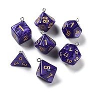 7Pcs 7 Styles Opaque Resin Polyhedral Dice Pendants Set, Multi-Sided Dice Charms with Platinum Plated Iron Loops, Mixed Shapes, Purple, Indigo, 20~28x19~24x17~24mm, Hole: 2mm, 1pc/style(RESI-A029-01H)