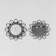 Tibetan Alloy Flower Brooch Cabochon Bezel Settings, Cadmium Free & Lead Free, with Iron Pin Back Bar Findings, Antique Silver, Flat Round Tray: 20mm, Fit for 2mm Rhinestone, 38x3mm, Pin: 0.8mm(X-PALLOY-O037-38AS)