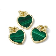 Natural Malachite Heart Charms, with Rack Plating Golden Tone Brass Findings, Cadmium Free & Lead Free, 14x12x2mm, Hole: 3mm(G-G977-05G-04)