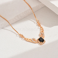 Elegant Vintage Brass Pave Cubic Zirconia Women's Rectangle Pendant Necklaces, Real 18K Gold Plated, Black, 18.70 inch(47.5cm)(DI2317-4)