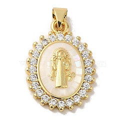 Rack Plating Brass Micro Pave Cubic Zirconia with Shell Pendants, Cadmium Free & Lead Free, Real 18K Gold Plated, Oval with Saint, Seashell Color, 23x16.5x3mm, Hole: 3x5mm(KK-P241-44G-01)