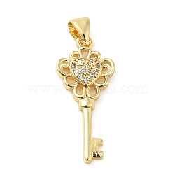 Rack Plating Brass Micro Pave Clear Cubic Zirconia Pendants, Long-Lasting Plated, Cadmium Free & Lead Free, Key Charm, Real 18K Gold Plated, 25x11x4mm, Hole: 4x3mm(KK-Q784-22G)