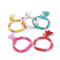 Handmade Polymer Clay Heishi Beads Stretch Bracelets, with Cotton Thread Tassel Pendants and Alloy Charms, Shell with Pearl Shape, Mixed Color, 2-1/8 inch(5.5cm)(BJEW-JB05088)