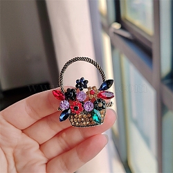 Flower Basket Antique Golden Alloy Rhinestone Brooches, Colorful, 43x40mm(PW-WG6DF7D-01)