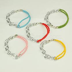 10Pcs Fashion Braided Bracelets, with Leather Cord, Aluminium Chains and Alloy Lobster Claw Clasps, Mixed Color, 195mm(BJEW-JB00848-M)