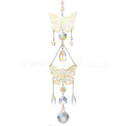 Iron Butterfly Hanging Ornaments, Glass Teardrop Round Tassel Suncatchers for Home Garden Decorations, Golden, 330mm(HJEW-TA00171)