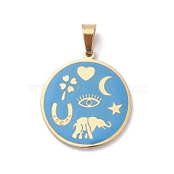 304 Stainless Steel Pendants, with Enamel, Golden, Flat Round with Eye & Elephant, Light Sky Blue, 22x19.5x1.5mm, Hole: 5.5x3mm(STAS-F306-06G)