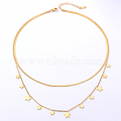 Stainless Steel Cable & Herringbone Chains Double Layer Necklaces, with Star Charms, Real 18K Gold Plated, 15-3/4 inch(40cm)(SB7965)