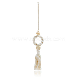 Ring with Macrame Cotton Pendant Decorations with Wood Beaded, for Interior Car View Mirror Hanging Ornament, White, 275x45mm(AUTO-PW0001-09A)