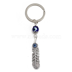Alloy Keychains, with Evil Eye Lampwork Pendants, Feather, 10.3x1.2cm(PW-WG53149-03)