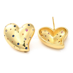 Brass with Cubic Zirconia Heart Stud Earrings, Long-Lasting Plated, Cadmium Free & Lead Free, Real 18K Gold Plated, 22x20mm(EJEW-G382-23G)