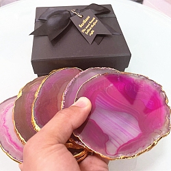 Dyed Natural Agate Slice Cup Mats, Heat Resistant Pot Mats, for Home Kitchen, Polygon, Fuchsia, 80~100mm(DJEW-PW0012-133E)