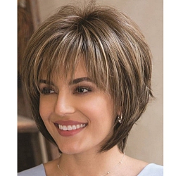 Short Straight Wigs, Synthetic Wigs, with Bangs, Heat Resistant High Temperature Fiber, For Woman, Camel, 11.02 inch(28cm)(OHAR-I019-09)