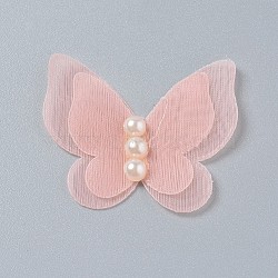 Butterfly Organza Ornaments, with Acrylic Pearl, for Hair Accessories Making, Pink, 33~35x42~47x3mm(AJEW-WH0079-F04)