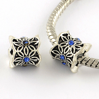 Antique Silver Plated Alloy Rhinestone Large Hole European Beads, Column with Flower, Sapphire, 9x10mm, Hole: 5mm