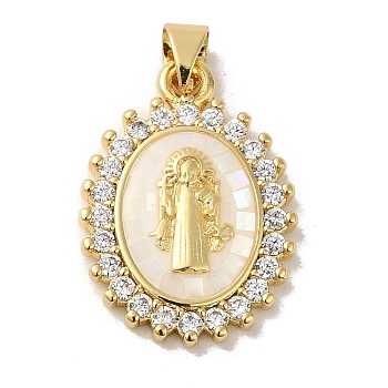 Rack Plating Brass Micro Pave Cubic Zirconia with Shell Pendants, Cadmium Free & Lead Free, Real 18K Gold Plated, Oval with Saint, Seashell Color, 23x16.5x3mm, Hole: 3x5mm